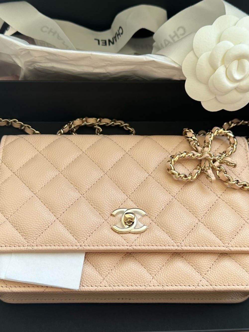 CHANEL Caviar  WOC Crossbody with cute bow Gold Chain and turn lock.BRAND NEW